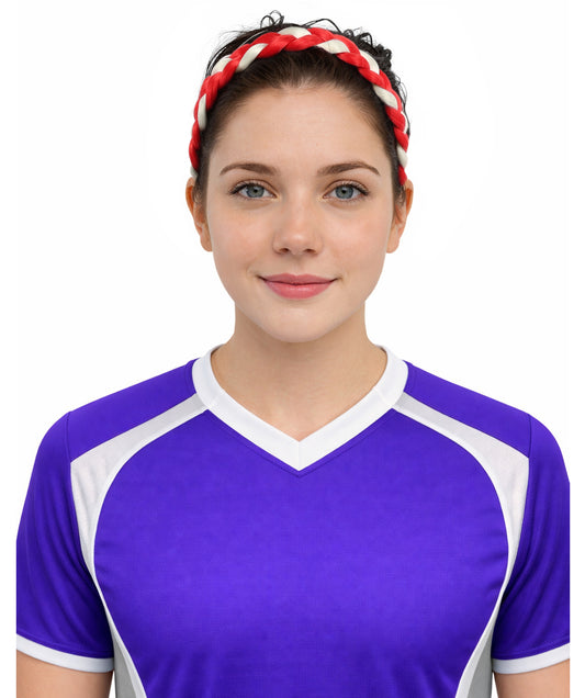 Adult Women's Multinational Braided Hairband | Textured red and white synthetic fibers woven into a twisted headband with elastic backing | Ideal for party, cosplay, theater, drag, performance, costume events