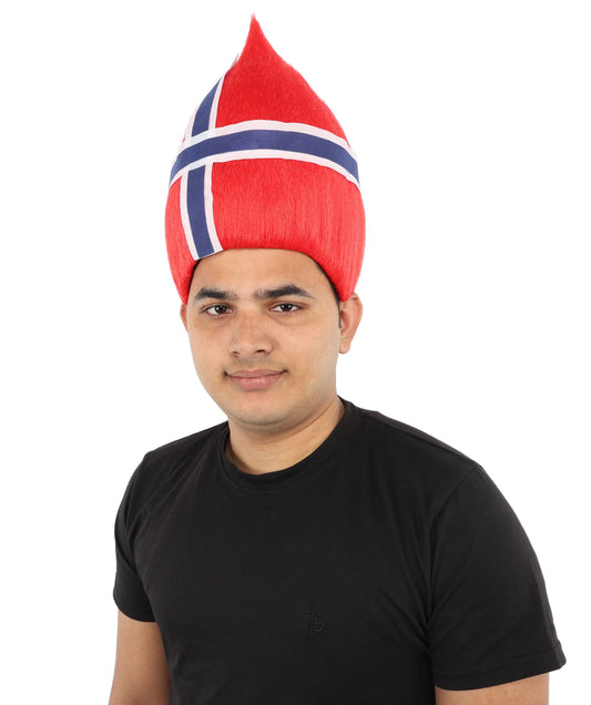 HPO Adult Unisex Norway Flag Troll Wig – Red White Navy Spiky Hair with Capless Cap | Fan Wig for Sports Events, National Celebrations & Parties