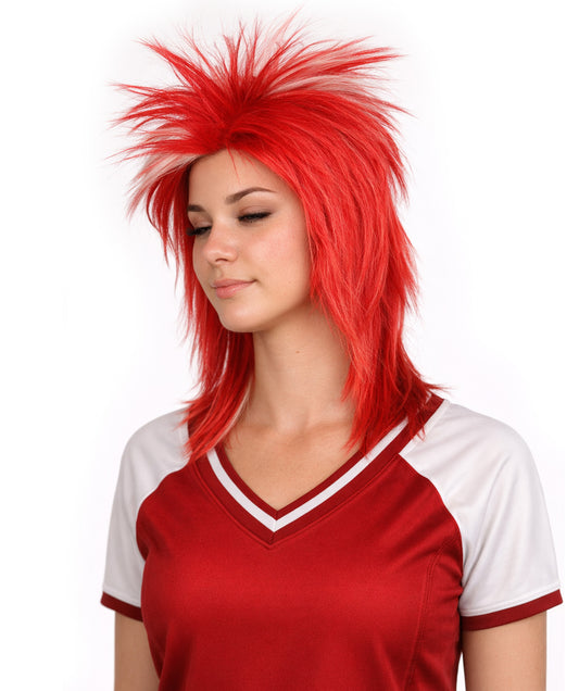 Denmark Flag 80's Mullet Red and White Wig