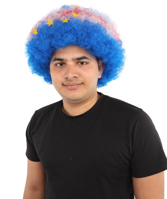 HPO Adult Unisex Cabo Verde Sports Clown Wig – Curly Flag-Themed Wig for Football Fans & Parades | Synthetic Fiber Headpiece with Standard Cap