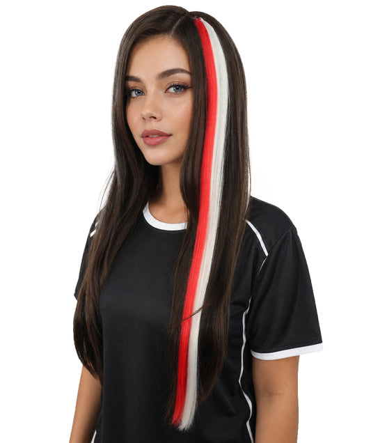 Adult Women's International Clip-in Hair Extension | Sleek straight red and white synthetic fibers featuring a secure snap attachment | Ideal for party, cosplay, theater, drag, performance, costume events