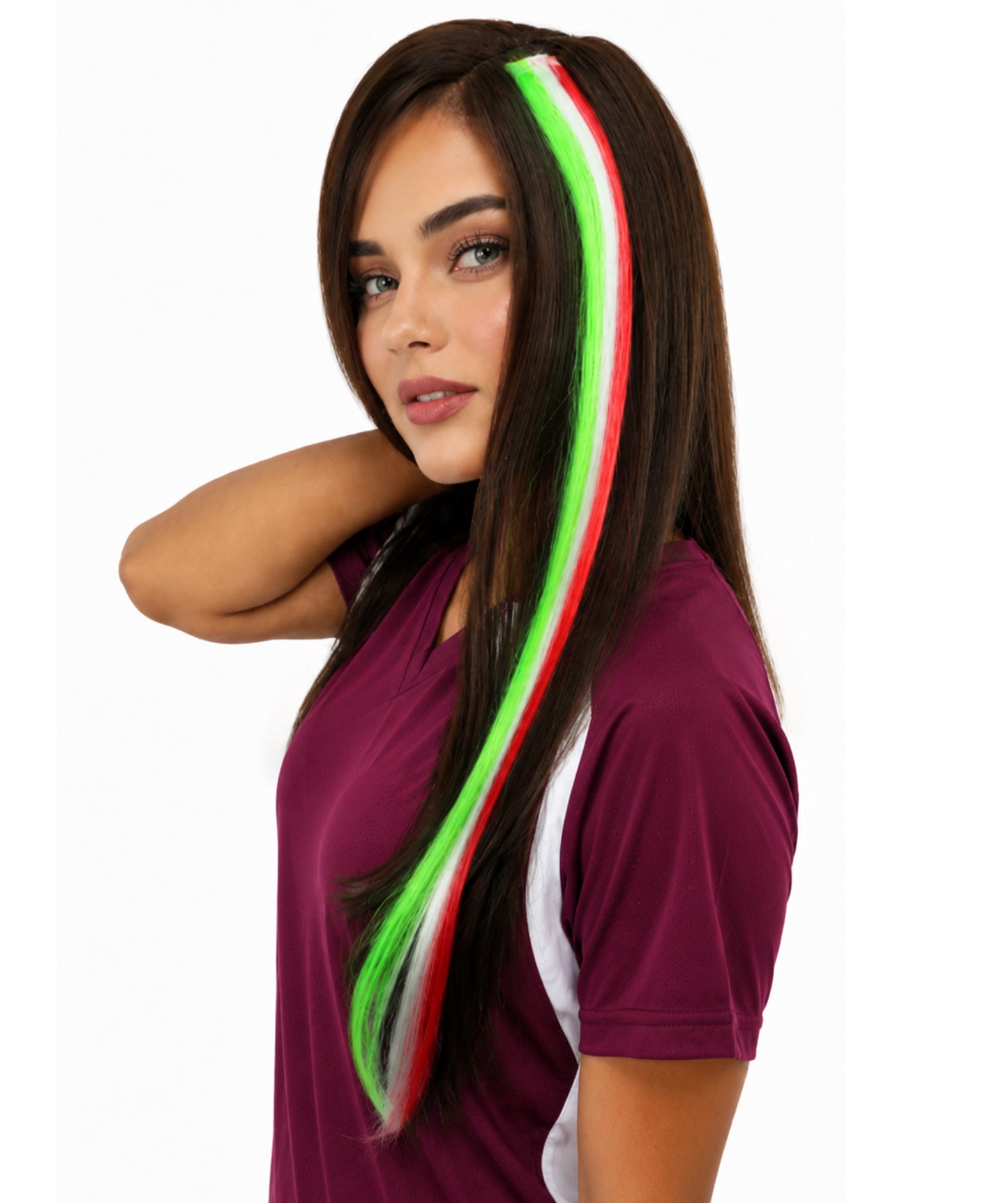 Adult Women's Clip-in Hair Extension | Sleek straight green, white and red synthetic fibers featuring a secure snap attachment | Ideal for party, cosplay, theater, drag, performance, costume events