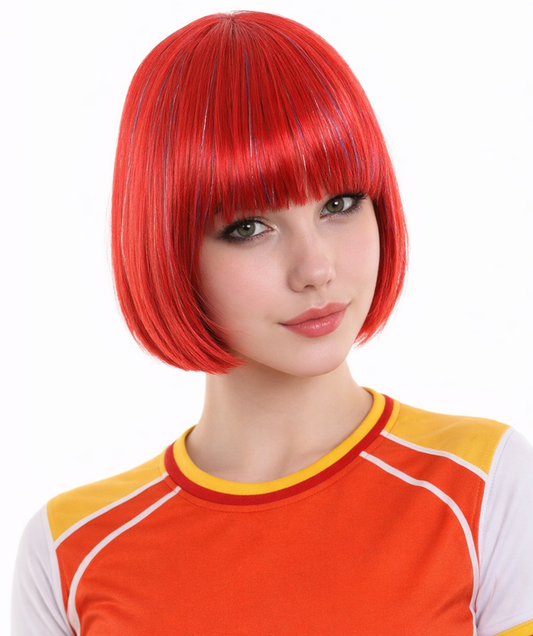Bright Red Bob with Tinsel | Sparkly Celebrity Halloween Wig | Premium Breathable Capless Cap