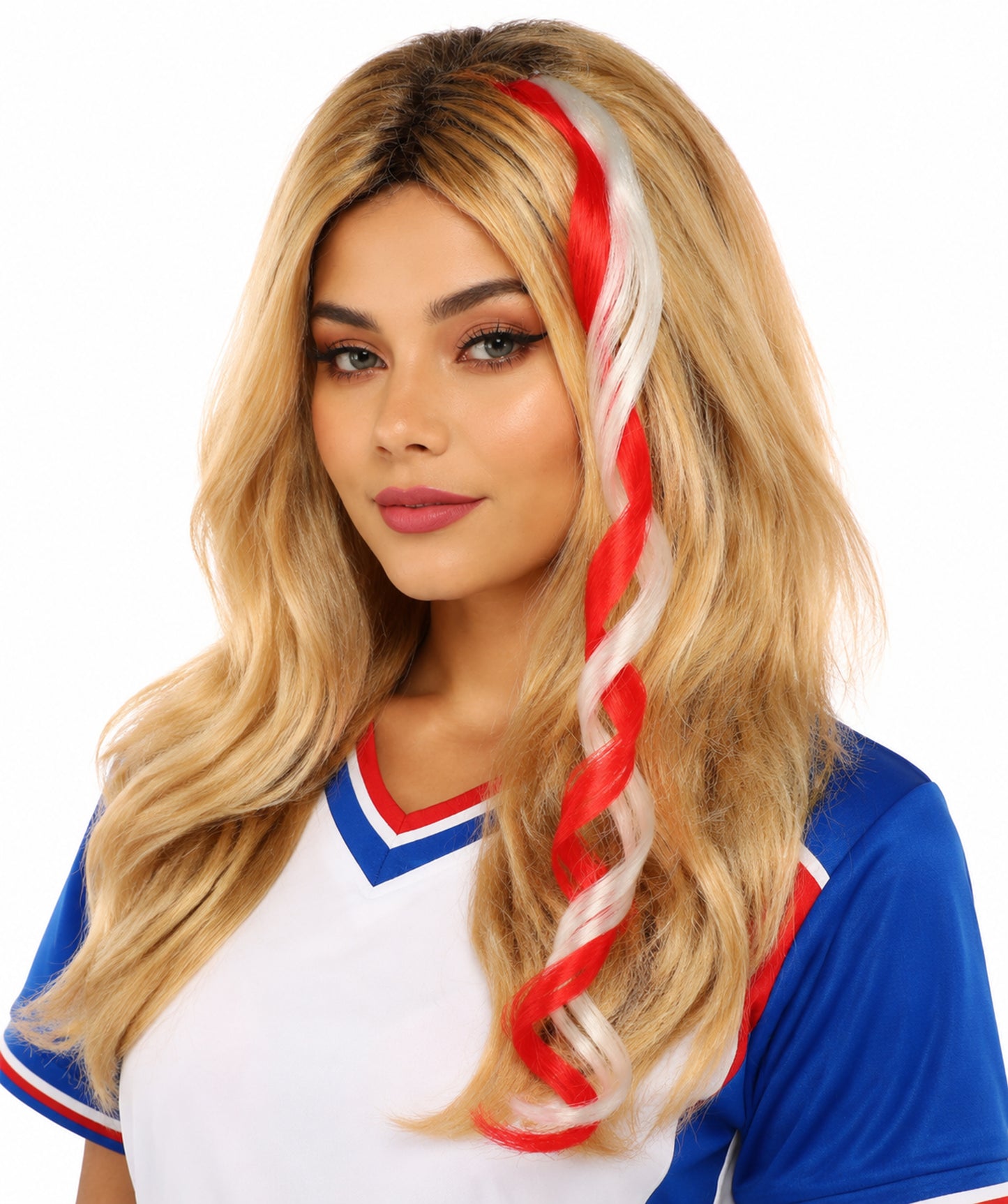 Adult Women's International Curly Hair Extension | Coiled red and white synthetic fibers featuring a twisted attachment design | Ideal for party, Halloween, cosplay, theater, drag, performance, costume events