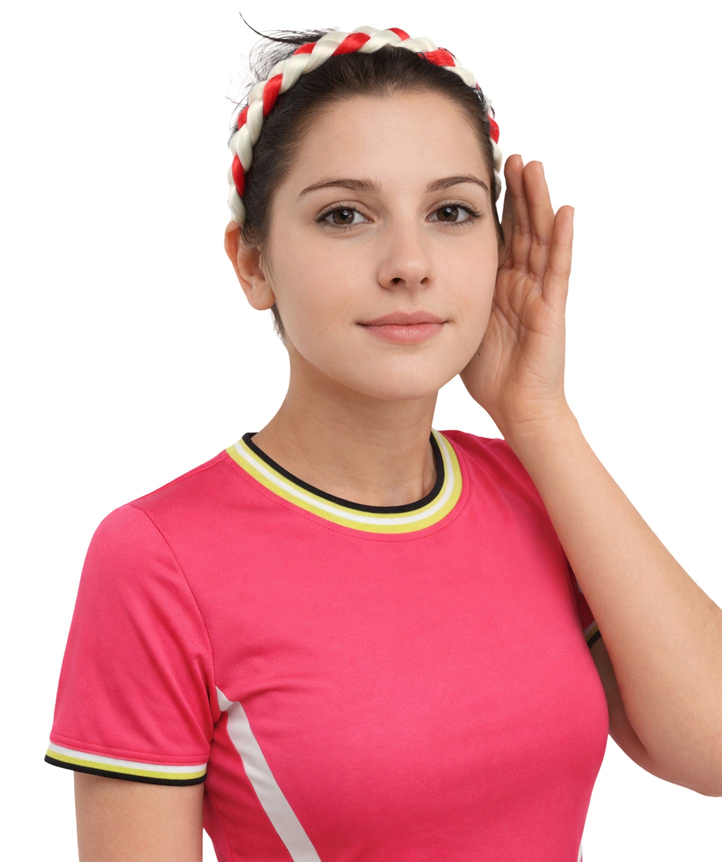 Adult Women's International Braided Headband | Textured red and white synthetic fibers woven into a twisted headband with an elastic back | Ideal for party, Halloween, cosplay, theater, drag, performance, costume events