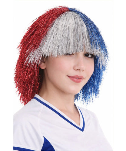 Red Silver and Blue All Tinsel Bob | Sparkly Celebrity Halloween Wig | Premium Capless Cap