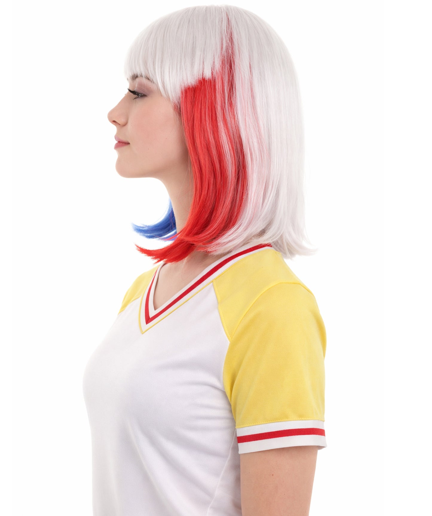 Red White and Blue Bob with Tinsel | Sparkly Celebrity Halloween Wigs | Premium Capless Cap
