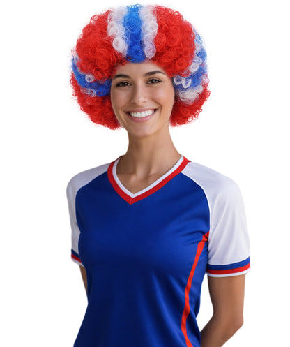 HPO Adult Norway Clown Wig – Red, White & Blue Flag Afro Style | Fun Costume Wig for Sports Fans, National Day, Parties