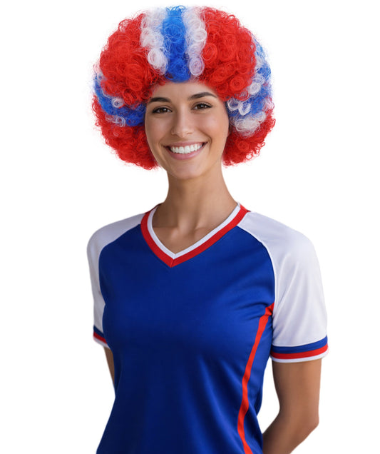 HPO Adult Norway Clown Wig – Red, White & Blue Flag Afro Style | Fun Costume Wig for Sports Fans, National Day, Parties