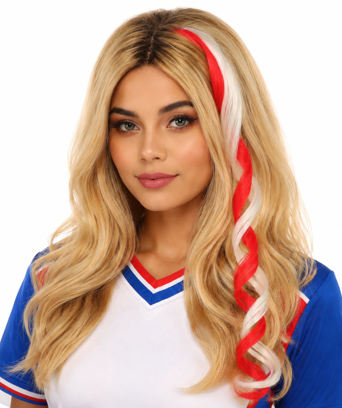 Adult Women's International Curly Hair Extension | Coiled red and white synthetic fibers featuring a twisted attachment design | Ideal for party, Halloween, cosplay, theater, drag, performance, costume events