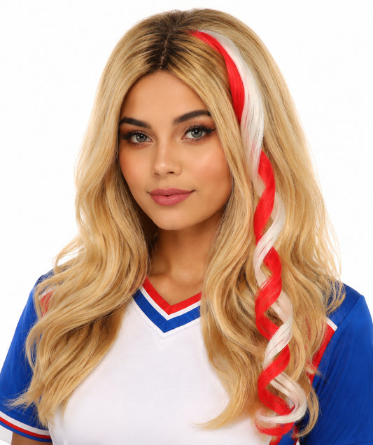 Adult Women's International Curly Hair Extension | Coiled red and white synthetic fibers featuring a twisted attachment design | Ideal for party, Halloween, cosplay, theater, drag, performance, costume events