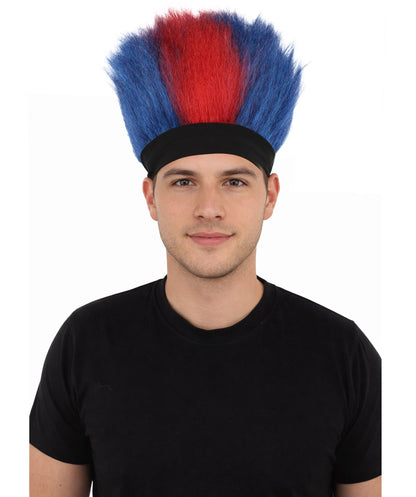 HPO Adult Men's Red and Blue Mohawk Wig | Tall Spiky Texture Flame-retardant Synthetic Fiber Headband Design | Halloween Themed Party Championship Parade Accessory