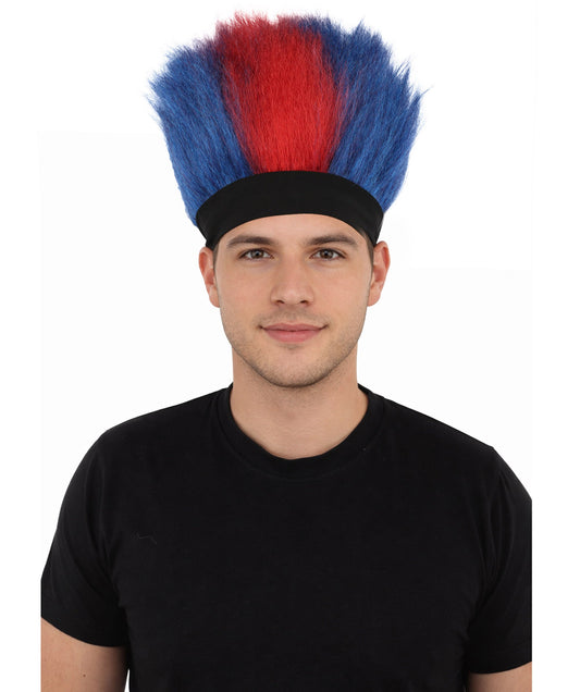HPO Adult Men's Red and Blue Mohawk Wig | Tall Spiky Texture Flame-retardant Synthetic Fiber Headband Design | Halloween Themed Party Championship Parade Accessory