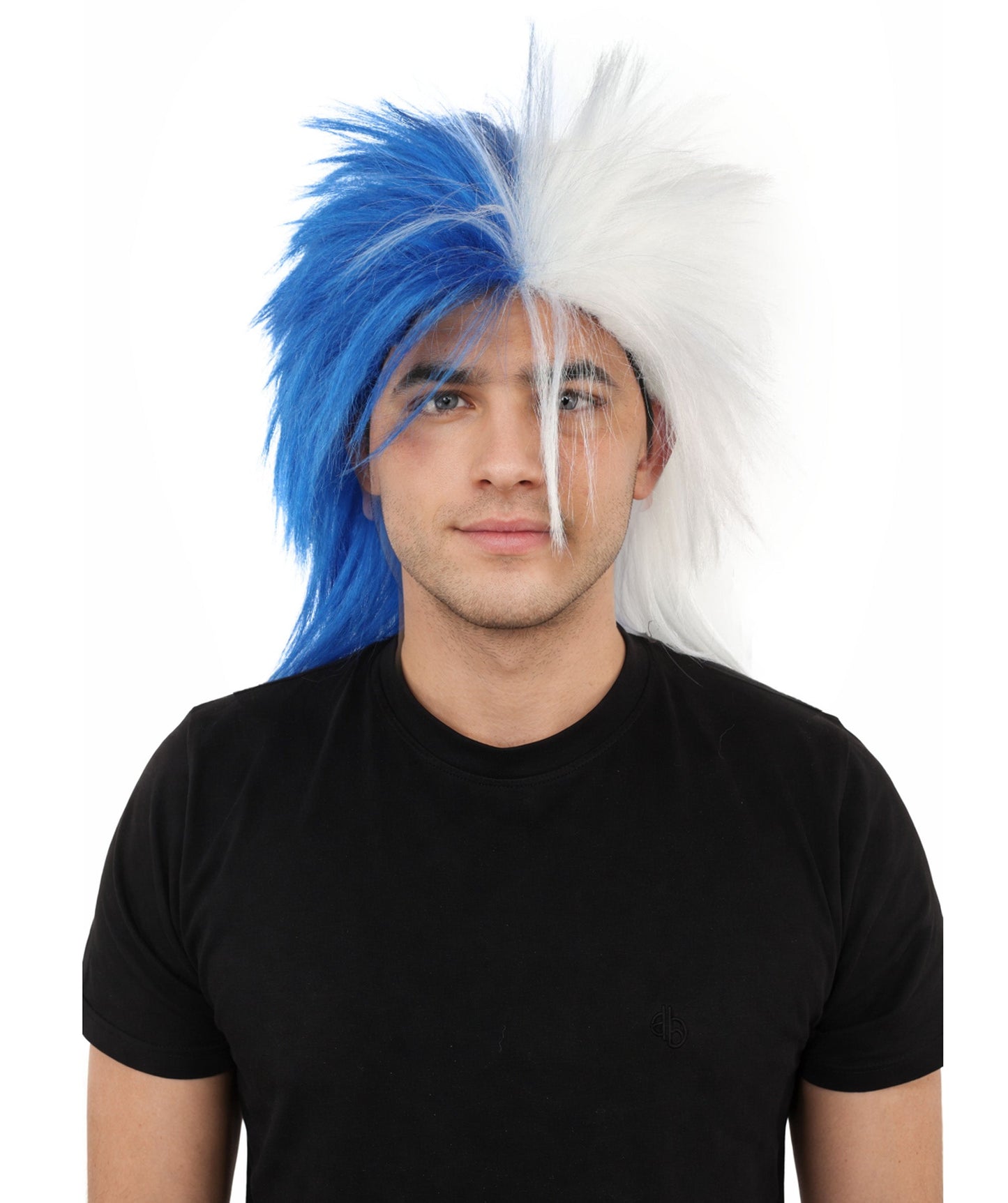 HPO Adult Two Tone Spirit Wig | Blue and White Messy Mullet Flame-retardant Synthetic Fiber | Halloween Themed Party Baseball Stadium Accessory