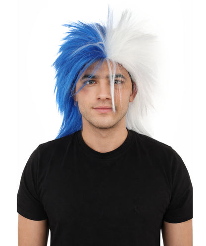 HPO Adult Two Tone Spirit Wig | Blue and White Messy Mullet Flame-retardant Synthetic Fiber | Halloween Themed Party Baseball Stadium Accessory