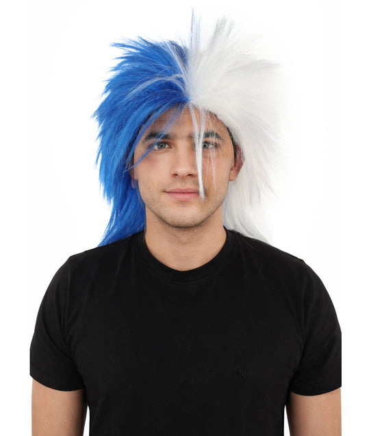 HPO Adult Two Tone Spirit Wig | Blue and White Messy Mullet Flame-retardant Synthetic Fiber | Halloween Themed Party Baseball Stadium Accessory