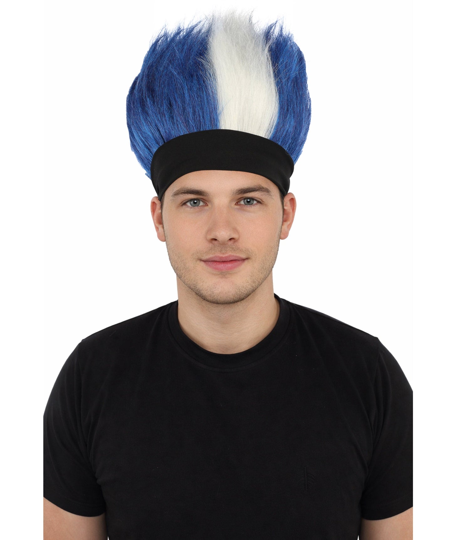 HPO Adult Men's Navy Blue and White Mohawk Wig | Spiky Upright Flame-retardant Synthetic Fiber Headband Design | Halloween Themed Party Football Fan Gear