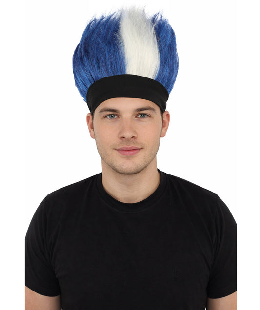 HPO Adult Men's Navy Blue and White Mohawk Wig | Spiky Upright Flame-retardant Synthetic Fiber Headband Design | Halloween Themed Party Football Fan Gear