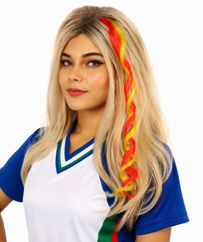 Adult Women's Spain Flag Hair Extension | Coiled red and yellow synthetic fibers featuring a twisted attachment design | Ideal for party,cosplay, theater, drag, performance, costume events