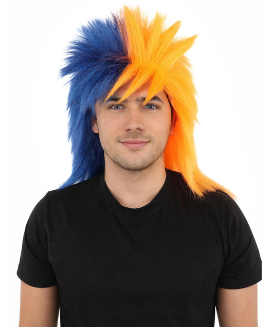 HPO Adult Navy Blue and Orange Sports Wig | Split Color Spiky Shag Style Flame-retardant Synthetic Fiber | Halloween Themed Party American Football Fan Gear
