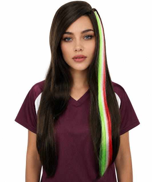 Adult Women's Clip-in Hair Extension | Sleek straight green, white and red synthetic fibers featuring a secure snap attachment | Ideal for party, cosplay, theater, drag, performance, costume events