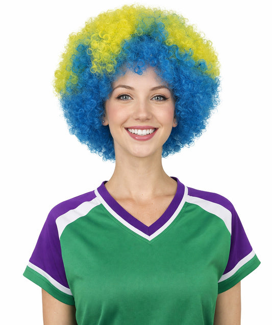 Sweden Flag Sport Afro Blue and Yellow Wig