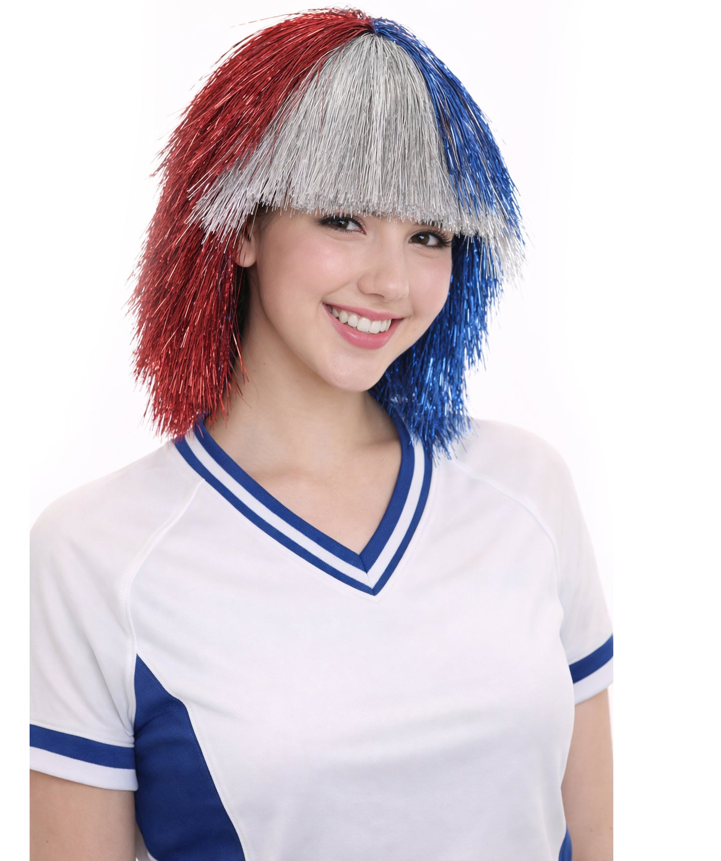 Red Silver and Blue All Tinsel Bob | Sparkly Celebrity Halloween Wig | Premium Capless Cap