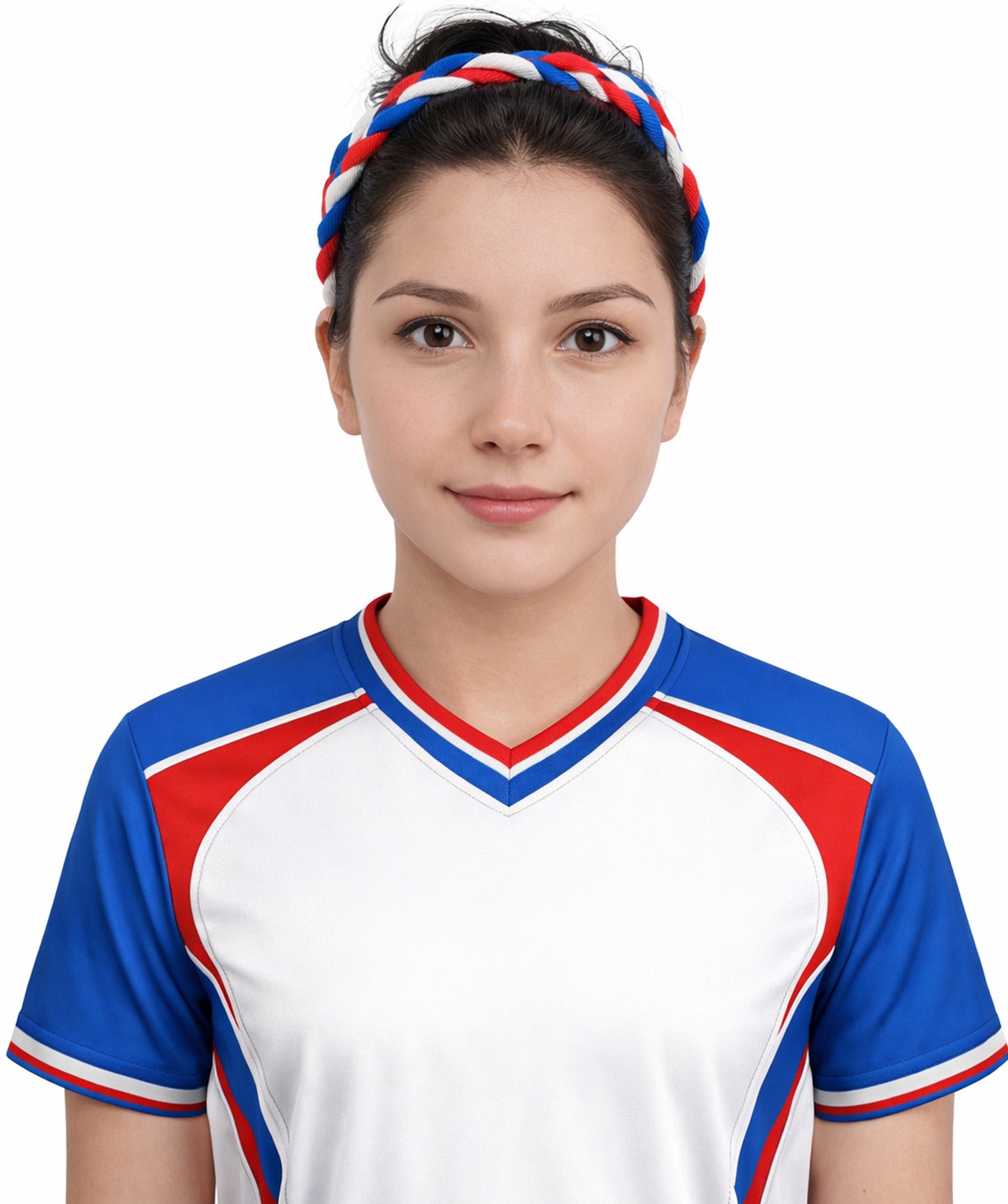 Adult Women's Multinational Braided Hairband | Textured red, white, and blue synthetic fibers woven into a twisted headband with elastic backing | Ideal for party, Halloween, cosplay, theater, drag, performance, costume events