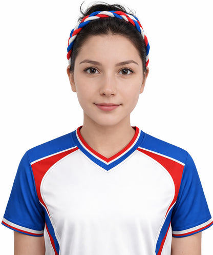 Adult Women's Multinational Braided Hairband | Textured red, white, and blue synthetic fibers woven into a twisted headband with elastic backing | Ideal for party, Halloween, cosplay, theater, drag, performance, costume events