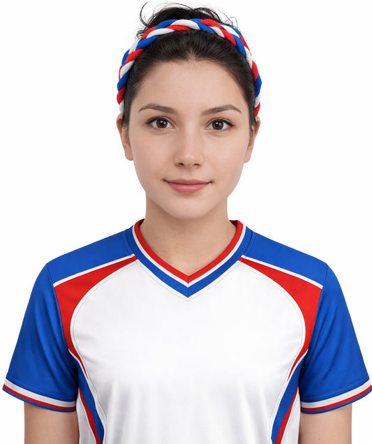 Adult Women's Multinational Braided Hairband | Textured red, white, and blue synthetic fibers woven into a twisted headband with elastic backing | Ideal for party, Halloween, cosplay, theater, drag, performance, costume events