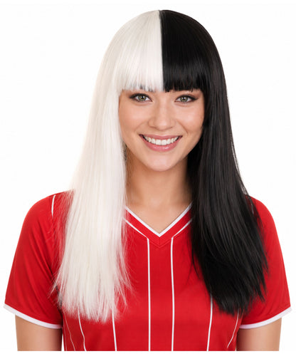 Black and White Long Womens Wig | Half And Half Cosplay Halloween Wig | Premium Breathable Capless Cap