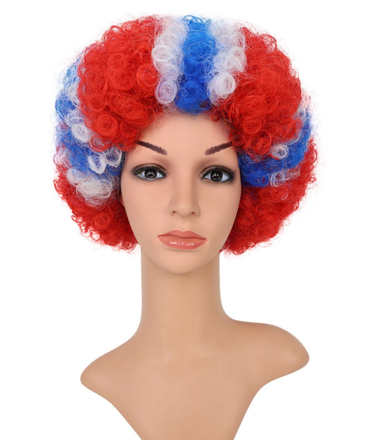 HPO Adult Norway Clown Wig – Red, White & Blue Flag Afro Style | Fun Costume Wig for Sports Fans, National Day, Parties