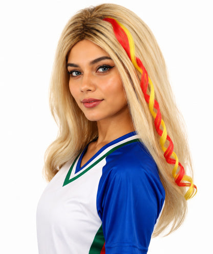 Adult Women's Spain Flag Hair Extension | Coiled red and yellow synthetic fibers featuring a twisted attachment design | Ideal for party,cosplay, theater, drag, performance, costume events