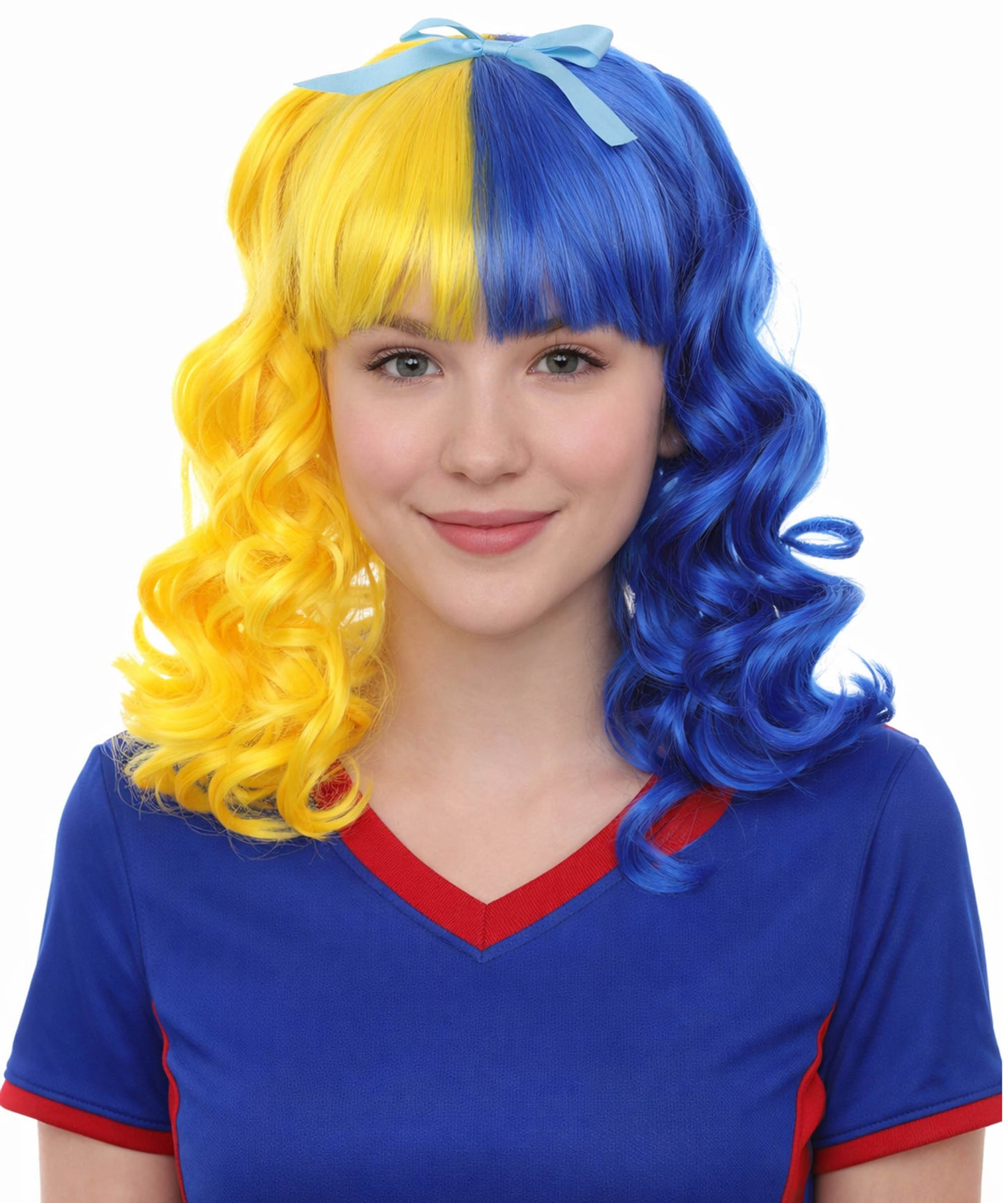 Bright Night Blue & Yellow Curly Wig | Cosplay Halloween Wig | Premium Breathable Capless Cap