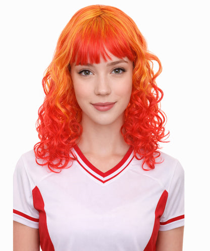 Womens Red and Yellow Two Tone Long Wavy Wig | Party Ready Fancy Cosplay Halloween Wig | Premium Breathable Capless Cap