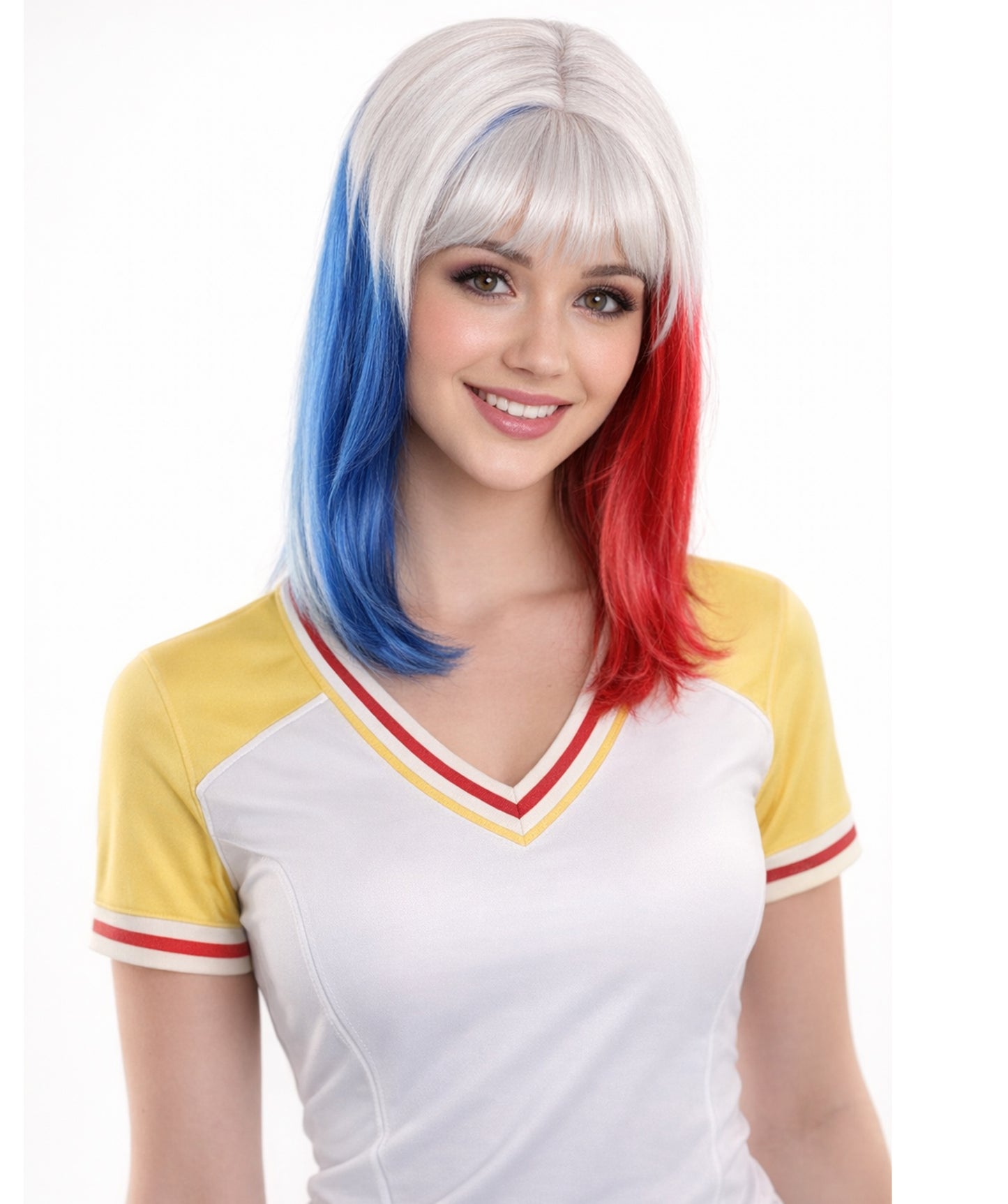 Red White and Blue Bob with Tinsel | Sparkly Celebrity Halloween Wigs | Premium Capless Cap