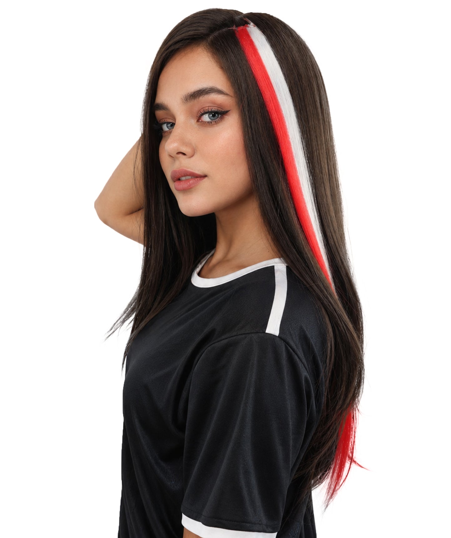 Adult Women's International Clip-in Hair Extension | Sleek straight red and white synthetic fibers featuring a secure snap attachment | Ideal for party, cosplay, theater, drag, performance, costume events