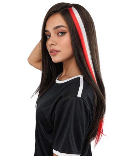 Adult Women's International Clip-in Hair Extension | Sleek straight red and white synthetic fibers featuring a secure snap attachment | Ideal for party, cosplay, theater, drag, performance, costume events