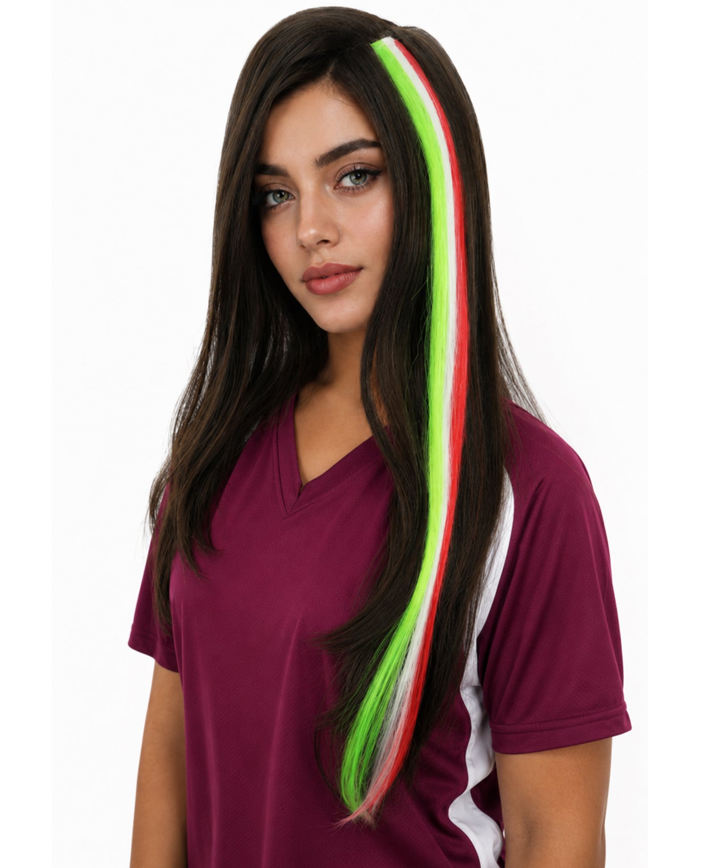 Adult Women's Clip-in Hair Extension | Sleek straight green, white and red synthetic fibers featuring a secure snap attachment | Ideal for party, cosplay, theater, drag, performance, costume events