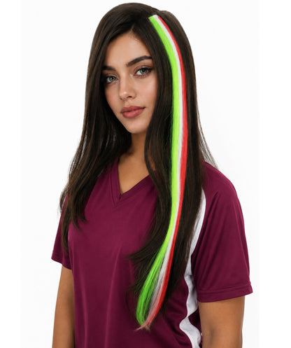 Adult Women's Clip-in Hair Extension | Sleek straight green, white and red synthetic fibers featuring a secure snap attachment | Ideal for party, cosplay, theater, drag, performance, costume events