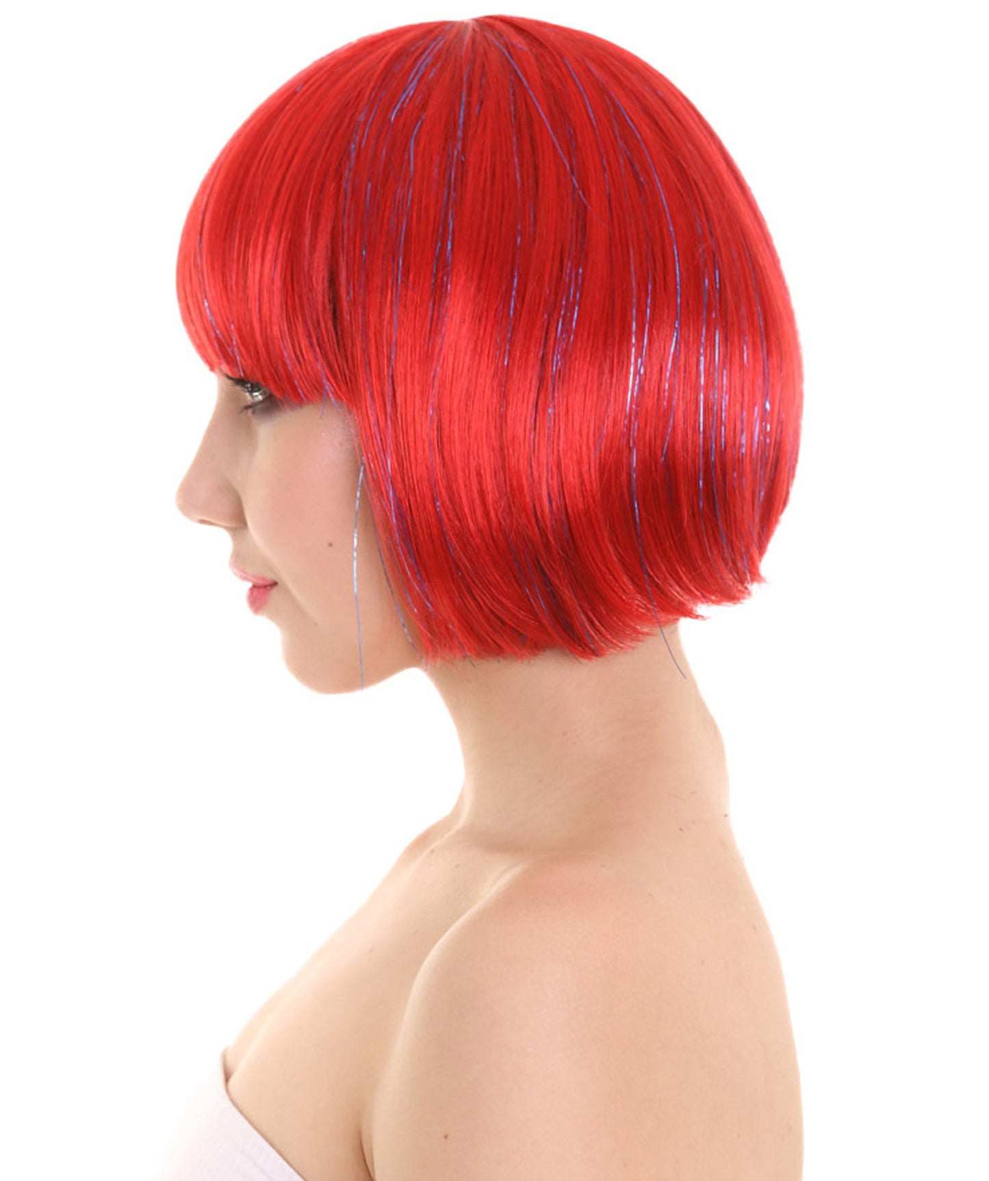 Bright Red Bob with Tinsel | Sparkly Celebrity Halloween Wig  | Premium Breathable Capless Cap