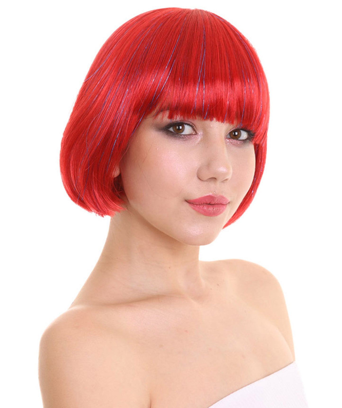 Bright Red Bob with Tinsel | Sparkly Celebrity Halloween Wig  | Premium Breathable Capless Cap