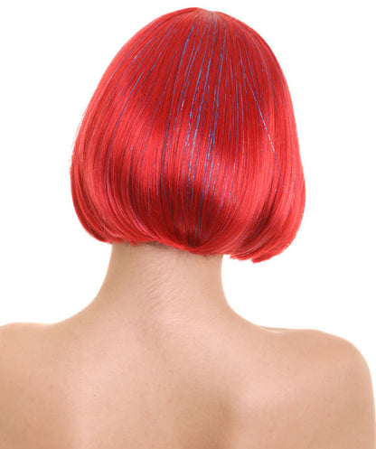 Bright Red Bob with Tinsel | Sparkly Celebrity Halloween Wig  | Premium Breathable Capless Cap