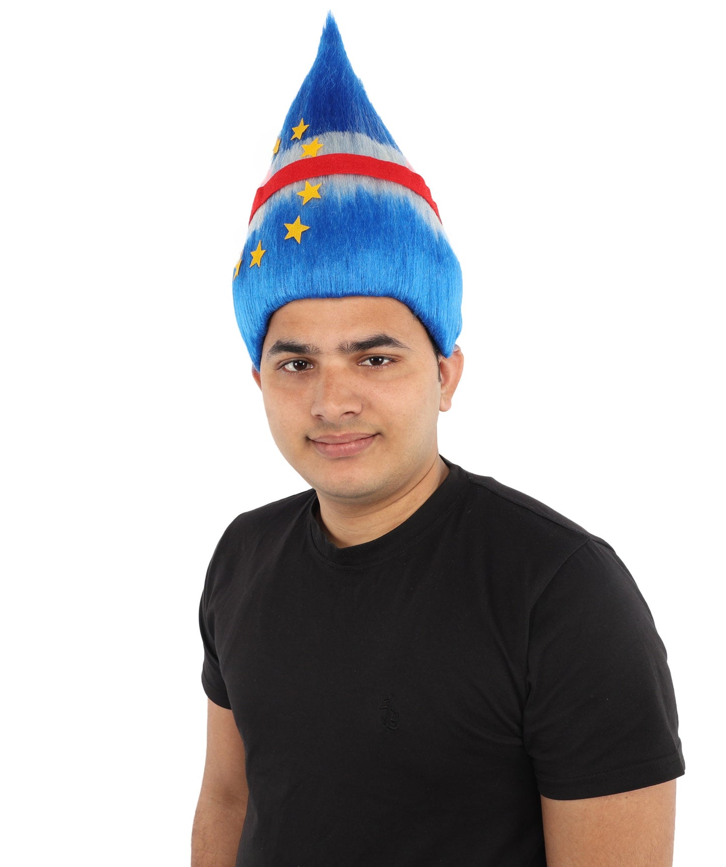HPO Adult Unisex Cabo Verde Sports Troll Wig – Spiky Fan Wig in National Colors for Patriotic Events and Football Matches | Synthetic Fiber Headpiece with Capless Cap
