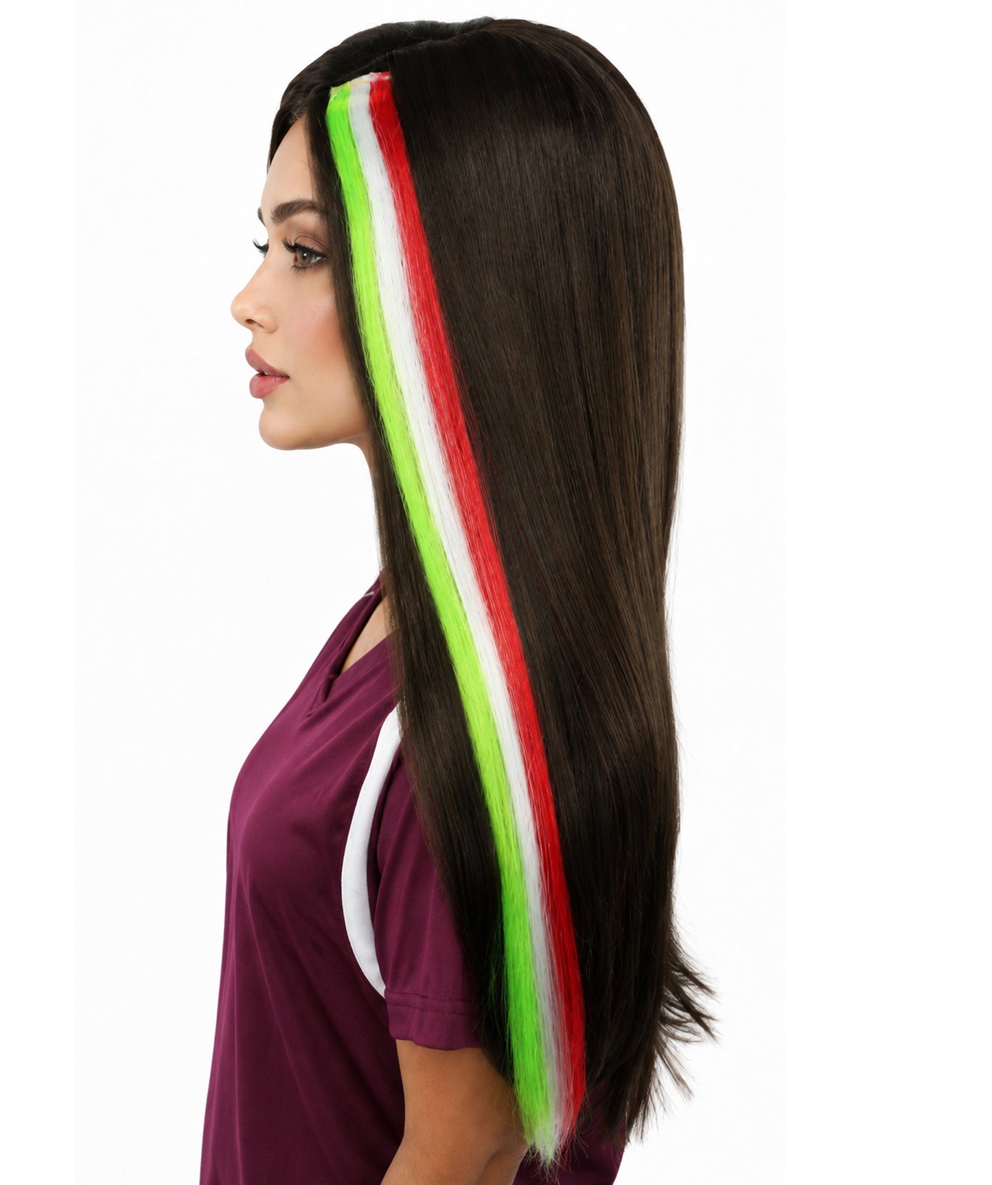 Adult Women's Clip-in Hair Extension | Sleek straight green, white and red synthetic fibers featuring a secure snap attachment | Ideal for party, cosplay, theater, drag, performance, costume events