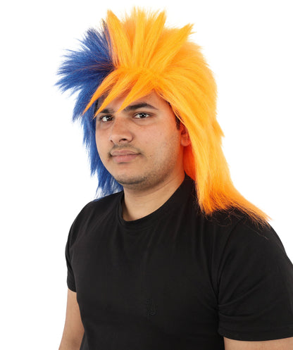 HPO Adult Navy Blue and Orange Sports Wig | Split Color Spiky Shag Style Flame-retardant Synthetic Fiber | Halloween Themed Party American Football Fan Gear