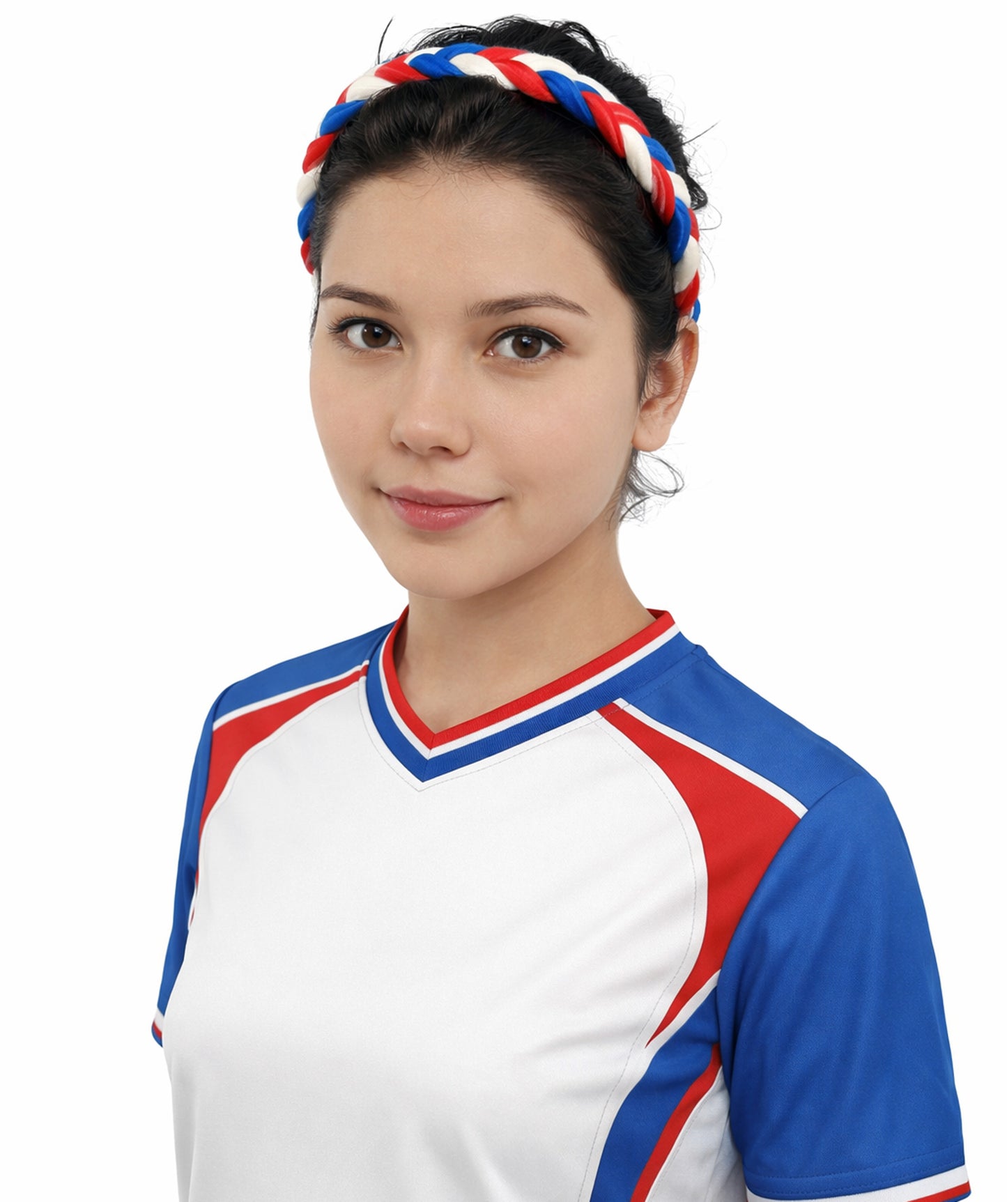 Adult Women's Multinational Braided Hairband | Textured red, white, and blue synthetic fibers woven into a twisted headband with elastic backing | Ideal for party, Halloween, cosplay, theater, drag, performance, costume events
