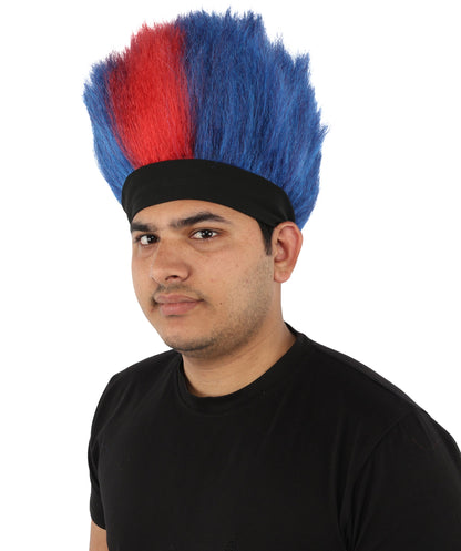 HPO Adult Men's Red and Blue Mohawk Wig | Tall Spiky Texture Flame-retardant Synthetic Fiber Headband Design | Halloween Themed Party Championship Parade Accessory