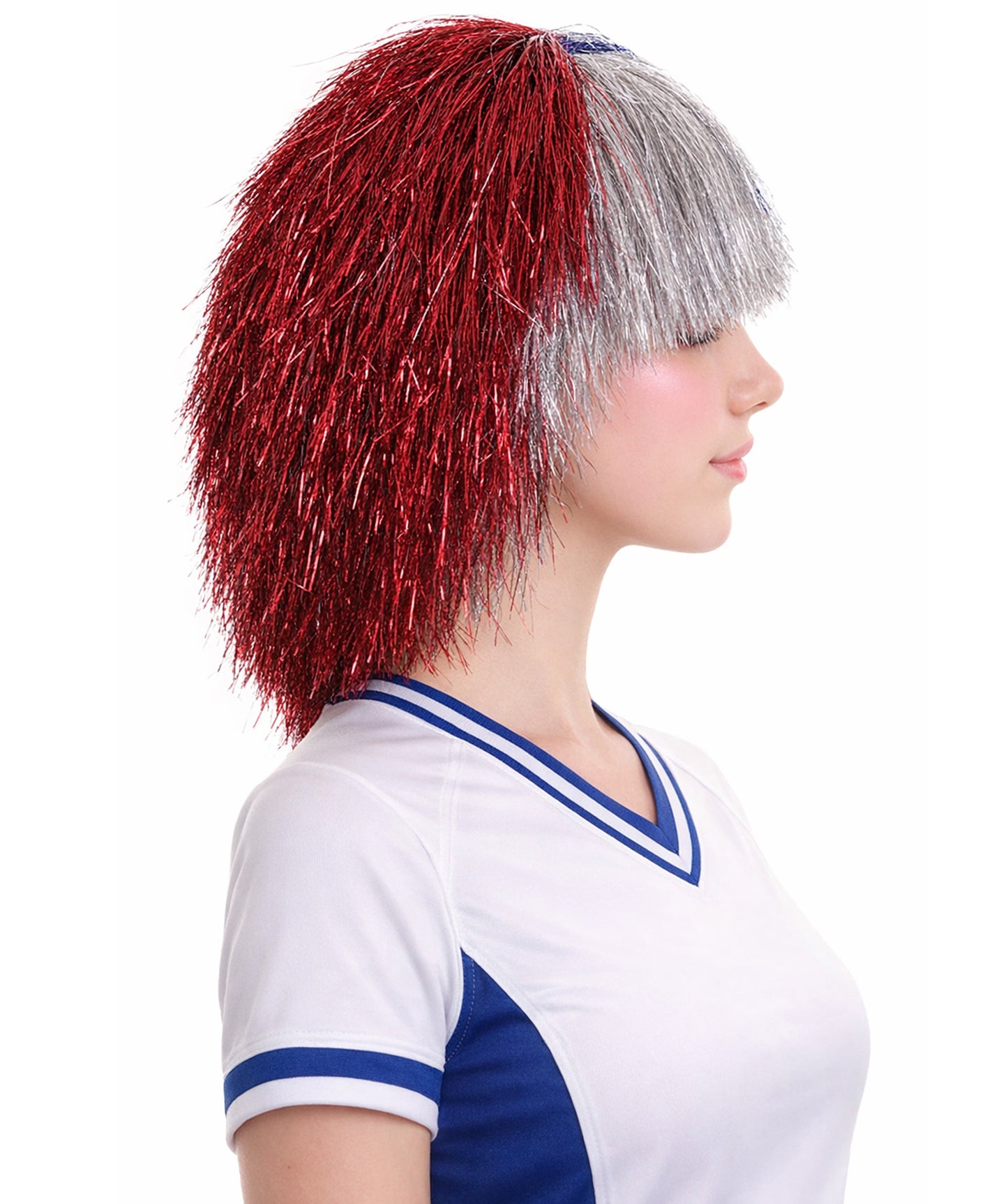Red Silver and Blue All Tinsel Bob | Sparkly Celebrity Halloween Wig | Premium Capless Cap