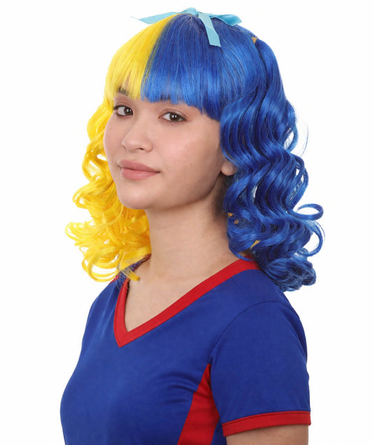 Bright Night Blue & Yellow Curly Wig | Cosplay Halloween Wig | Premium Breathable Capless Cap